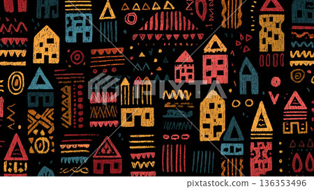 A playful, seamless pattern of stylized house doodles in bright pink, yellow, blue, and green, rendered in a chalk-like texture against a solid black background. 136353496