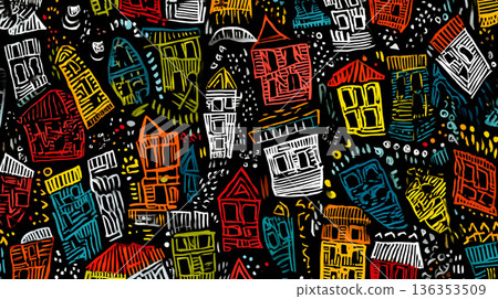 A playful, seamless pattern of stylized house doodles in bright pink, yellow, blue, and green, rendered in a chalk-like texture against a solid black background. 136353509