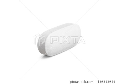 Macro of one white tablet, medicine pill capsule, supplement, vitamin isolated on white background 136353614