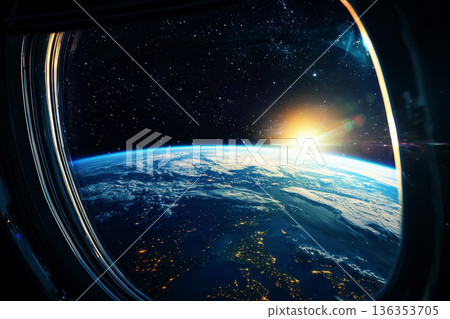 A breathtaking view of Earth as seen from a passenger spaceship window. 136353705