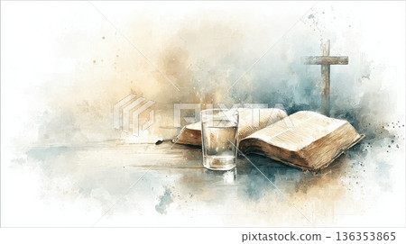 glass of water with the wooden cross over opened bible on wooden table .spiritual warfare through denial. 136353865