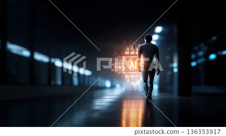 robot in futuristic corridor observing glowing AI text , sci-fi innovation concept, with copy space. 136353917