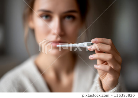 blurred woman on background to holding a digital thermometer in her hand. 136353920