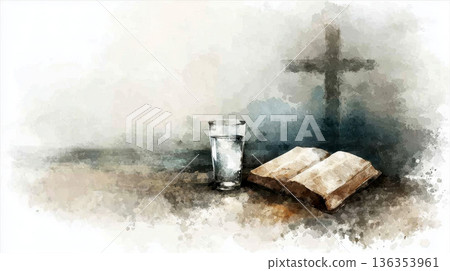 glass of water with the wooden cross over opened bible on wooden table .spiritual warfare through denial. 136353961