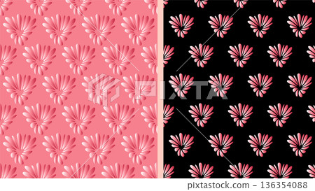 Floral gradient element seamless pattern, set of 2 scale. Heart shape optical illusion, festive elegant geometrical grid backdrop, holiday web party poster, pink black colour banner 136354088