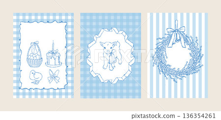 Easter invitation template. Vintage set of Easter greeting cards with hand-drawn illustrations of chicks, eggs, cake, pussy willow wreath, and Easter animals in soft pastel blue tones with retro 136354261