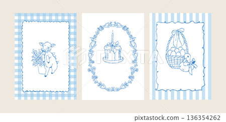 Easter invitation templates. A vintage set of Easter greeting cards featuring hand-drawn illustrations of a floral wreath, a baby goat, a duckling, Easter baskets with eggs, and a cake in soft pastel 136354262