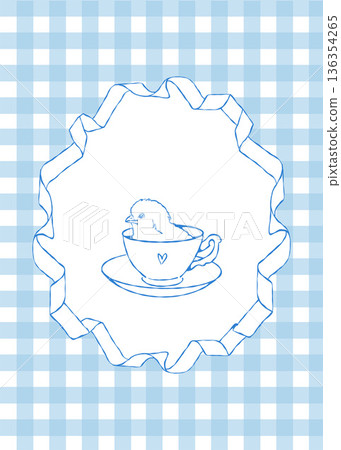 Easter invitation template. Vintage Easter greeting card with a hand-drawn illustration of a chick in a mug in soft pastel blue tones. Retro checkered background. Vector illustration. Easter invitation template. Vintage Easter greeting card with a hand-drawn illustration of a chick in a mug in soft pastel blue tones. Retro checkered background. Vector illustration. 136354265