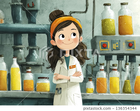 一位女性在食品加工廠進行品質控制 | 帶有水彩筆觸的簡單工作插畫 136354344