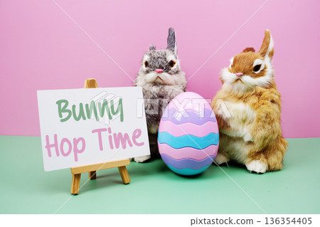 Bunny Hop Time text with rabbit and egg on pink and green background Bunny Hop Time text with rabbit and egg on pink and green background 136354405