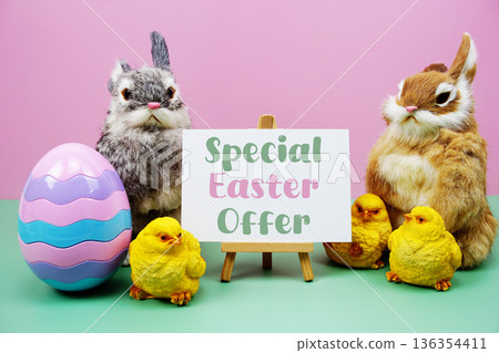 Special Easter Offer text with easter elements decoration on pink and green background Special Easter Offer text with easter elements decoration on pink and green background 136354411