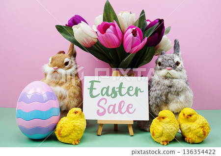 Easter Sale text with easter elements decoration on pink and green background 136354422