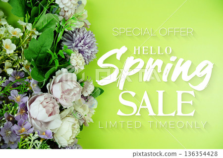 Hello Spring Sale Special Offer and Limited Time Only with tulip flower decorations on green background Hello Spring Sale Special Offer and Limited Time Only with tulip flower decorations on green background 136354428