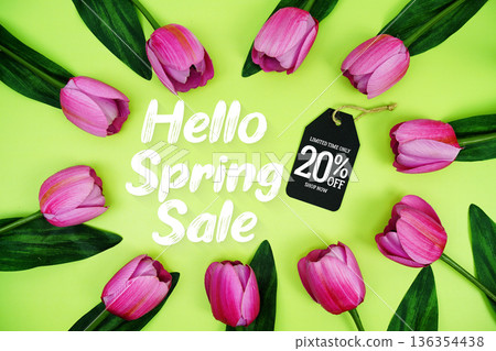 Hello Spring Sale and Price tag 20% off with tulip flowers on green background Hello Spring Sale and Price tag 20% off with tulip flowers on green background 136354438
