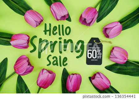 Hello Spring Sale and Price tag 60% off with tulip flowers on green background Hello Spring Sale and Price tag 60% off with tulip flowers on green background 136354441