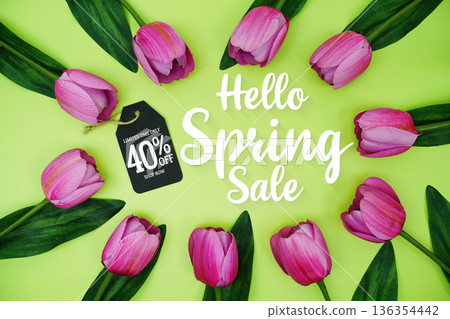 Hello Spring Sale and Price tag 40% off  with tulip flowers on green background 136354442