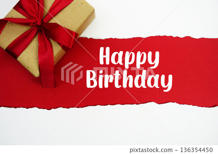 Happy Birthday text with gift box present on red background Happy Birthday text with gift box present on red background 136354450