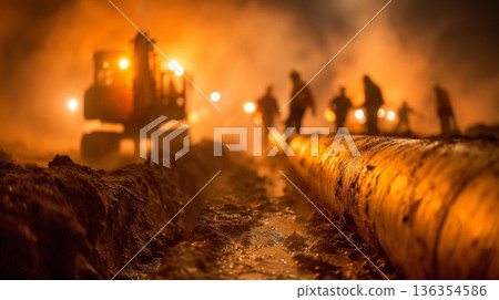 Workers installing underground pipeline at night construction site with heavy machinery and lights 136354586