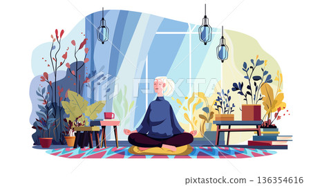 Senior woman meditation indoor wellness yoga practice peaceful elderly sitting cross legged surrounded by plants cozy home decor colorful Senior woman meditation indoor wellness yoga practice peaceful elderly sitting cross legged surrounded by plants cozy home decor colorful 136354616