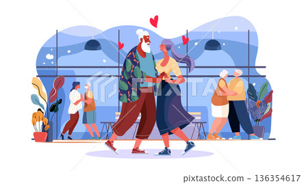 Active seniors dancing valentine day romance couples enjoying together modern interior plants hearts blue background 136354617