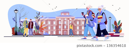 Active seniors university campus lifelong learning older adults walking with backpacks and books outdoor autumn scene educational building background Active seniors university campus lifelong learning older adults walking with backpacks and books outdoor autumn scene educational building background 136354618