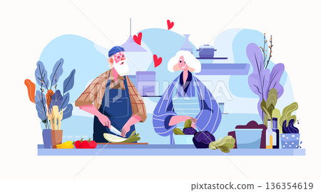 Senior couple cooking healthy meal valentine day together kitchen vegetables plants modern home love concept Senior couple cooking healthy meal valentine day together kitchen vegetables plants modern home love concept 136354619