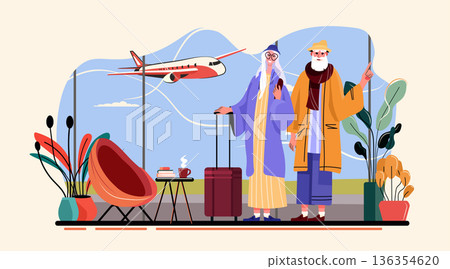 Active seniors traveling airport elderly couple luggage airplane waiting lounge plants modern colorful interior window travel concept Active seniors traveling airport elderly couple luggage airplane waiting lounge plants modern colorful interior window travel concept 136354620