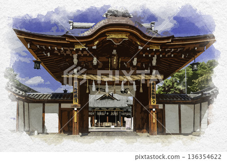 Watercolor painting of Himeji Itate-Hyōzu Shrine, Harima Province, main shrine, Shinmon Gate, Himeji City, Hyogo Prefecture Watercolor painting of Himeji Itate-Hyōzu Shrine, Harima Province, main shrine, Shinmon Gate, Himeji City, Hyogo Prefecture 136354622