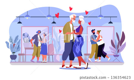 Senior couple dancing romance love valentine day elderly people ballroom dance studio modern interior colorful plants background 136354623