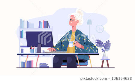 Senior woman working at computer home office active aging concept modern interior desk books coffee cup plant clock flat design 136354628