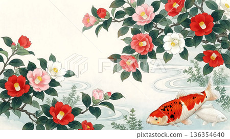 紅白鯉魚在山茶花盛開的水邊游弋－日式繪畫插圖背景 136354640