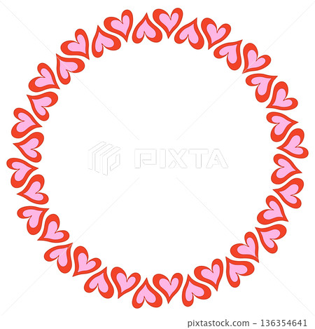 Cute Pink and Red Hearts Vector Circle Frame, Romantic Border for Valentine's Day Greeting Cards 136354641