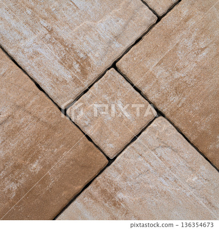 Top view of beige paving tiles with rough matte texture, pattern layout. Concept of paving tiles background, tile texture, construction material Top view of beige paving tiles with rough matte texture, pattern layout. Concept of paving tiles background, tile texture, construction material 136354673