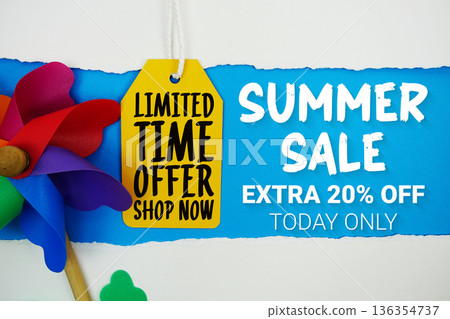 Summer Sale 20% and Limited Time Offer with Price Tag on blue background 136354737
