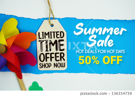 Summer Sale 50% and Limited Time Offer with Price Tag on blue background 136354739