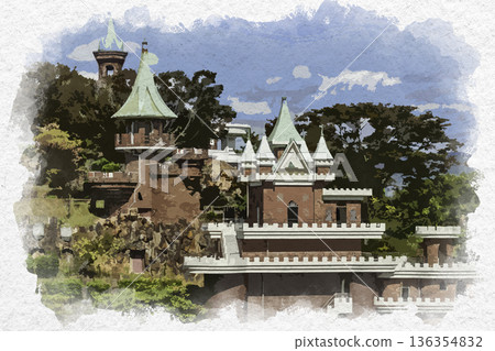 Watercolor painting style, Himeji, Tegarayama Central Park, Himeji City, Hyogo Prefecture Watercolor painting style, Himeji, Tegarayama Central Park, Himeji City, Hyogo Prefecture 136354832