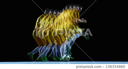 Stroboscopic football dribbling motion with repeated athlete positions 136354860