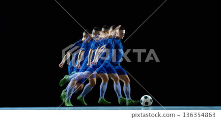 Stroboscopic sequence of football jump and ball trajectory. Stroboscopic sequence of football jump and ball trajectory. 136354863