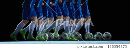 Soccer player dribbling ball captured in stroboscopic motion sequence. Banner Soccer player dribbling ball captured in stroboscopic motion sequence. Banner 136354873