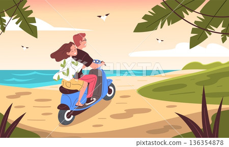 Couple moto trip. Man woman ride motorcycle, romantic travel to summer sea beach road seashore landscape love motorbike scooter riders together, cartoon classy vector illustration Couple moto trip. Man woman ride motorcycle, romantic travel to summer sea beach road seashore landscape love motorbike scooter riders together, cartoon classy vector illustration 136354878