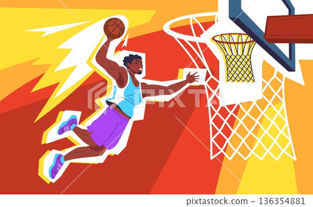 Slam dunk. Basketball player jump flying sky and throw ball in basket hoop, professional sport game concept man athlete cartoon character play basketball classy vector illustration 136354881