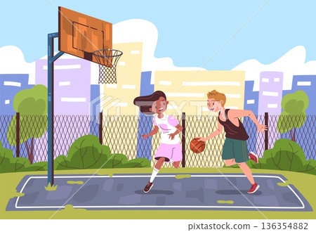 Kids summer basketball. Children play basketball game outdoor playground, school girl boy throw ball in basket or pitch street sport court urban field, classy vector illustration 136354882