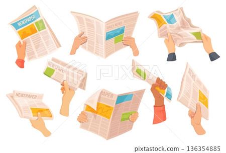 Newspapers in hands. Hand hold daily newspaper, read weekly journal paper media sport news morning press article publication page city information, cartoon neat vector illustration Newspapers in hands. Hand hold daily newspaper, read weekly journal paper media sport news morning press article publication page city information, cartoon neat vector illustration 136354885