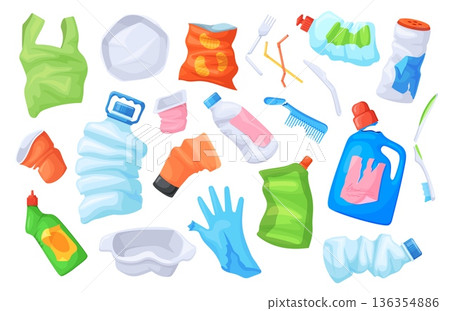 Plastic waste. Garbage pollution, disposable package tableware broken plastic bottles non recyclable trash bag plate straw crushed cup rubbish litter junk, neat vector illustration 136354886