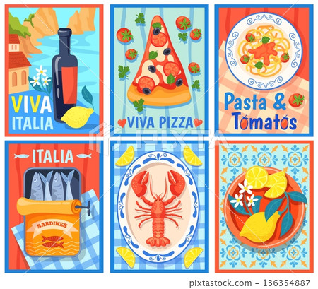Summer italian posters. Italy amalfi travel invitation cards, mediterranean food sardines lemon tomato pasta seafood abstract vintage doodle print frame, neat vector illustration 136354887