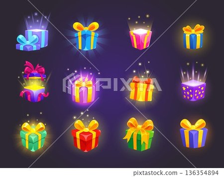 Cartoon game giftboxes. Gift boxes ui icons, 2d casual gaming mystery bonus casino prize discount present level secret digital present birthday new year, kicky vector illustration 136354894
