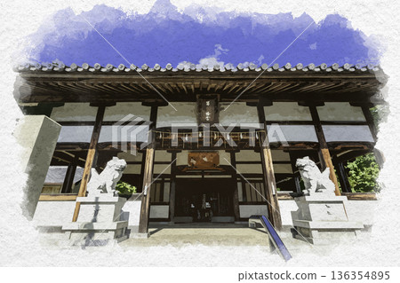 Watercolor painting style, Himeji, Otokoyama Hachiman Shrine, worship hall, Himeji City, Hyogo Prefecture 136354895