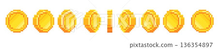 Pixel coin animation. Rotating coin arcade retro video game token, golden treasure bonus money cash casino spin gold digital currency, 2d gaming ui cartoon neat vector illustration 136354897