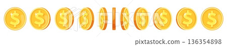 Coin rotate animation. Gold coins rotation, arcade game tocken flip golden money cash falling rotate sequence 2d gaming asset sprite sheet, cartoon finance neat vector illustration Coin rotate animation. Gold coins rotation, arcade game tocken flip golden money cash falling rotate sequence 2d gaming asset sprite sheet, cartoon finance neat vector illustration 136354898