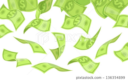 Falling dollars background. Cartoon dollar bill floating air, money explosion falling cash banknotes rain casino winner bonus green paper currency in sky, neat vector illustration Falling dollars background. Cartoon dollar bill floating air, money explosion falling cash banknotes rain casino winner bonus green paper currency in sky, neat vector illustration 136354899